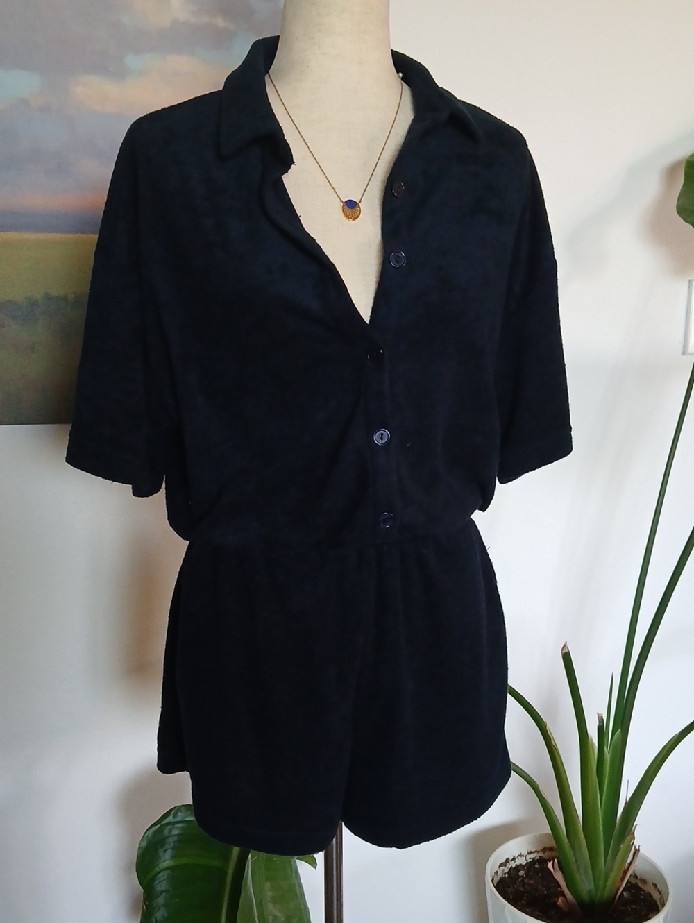 CHA SOR Plush Navy Velour Terry Short Sleeve Romper Sz L